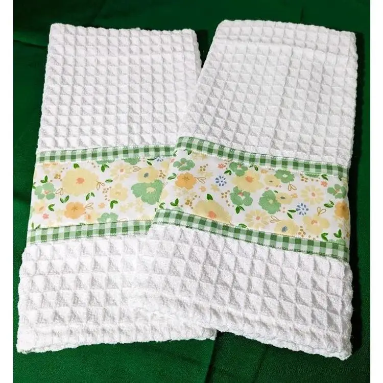 Country Kitchen Towel Set (2 piece) Dish / Tea Towel, Handmade - White and Green