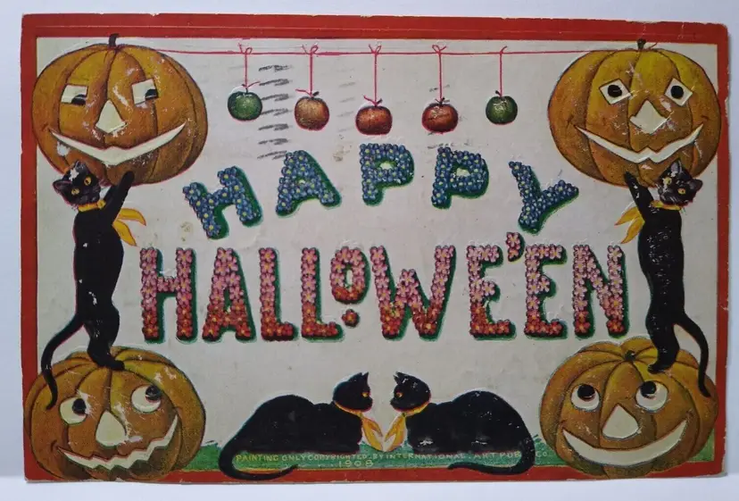 Halloween Postcard Cats  Apples JOL Pumpkins 1909 International Arts Fantasy