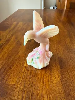 Fenton Burmese Glass Hummingbird Figurine Hand Painted Pink Floral Signed D Johnson Glows