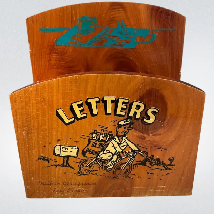 Vintage Cedarcraft Letter Holder W/ Mailman Graphics
