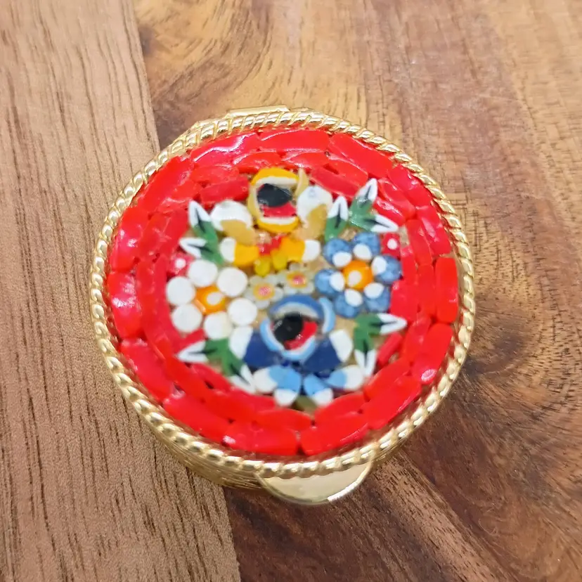 Vintage Micro Mosaic  Brass Trinket Pill Box Colorful Flowers Red Background. Made in Italy.