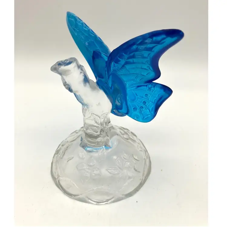 BIN - Fenton Blue Butterfly On Branch Ring Holder Figurine - GLOWS!