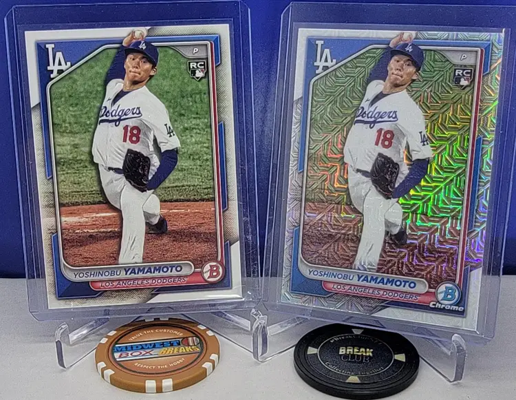 Yoshinobu Yamamoto Lot
2024 Bowman Chrome Mojo Refractor Mega Box Rookie RC  & Bowman RC No. 36 -  Los Angeles Dodgers