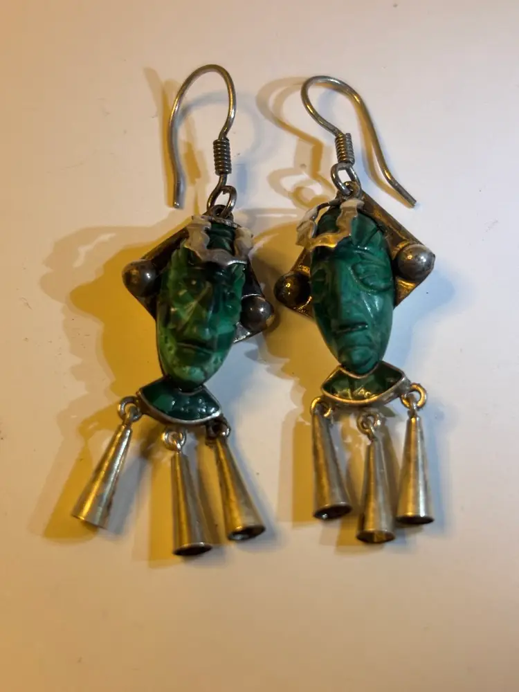 Vintage Mexico Mayan Aztec Sterling Silver Carved Malachite Earrings