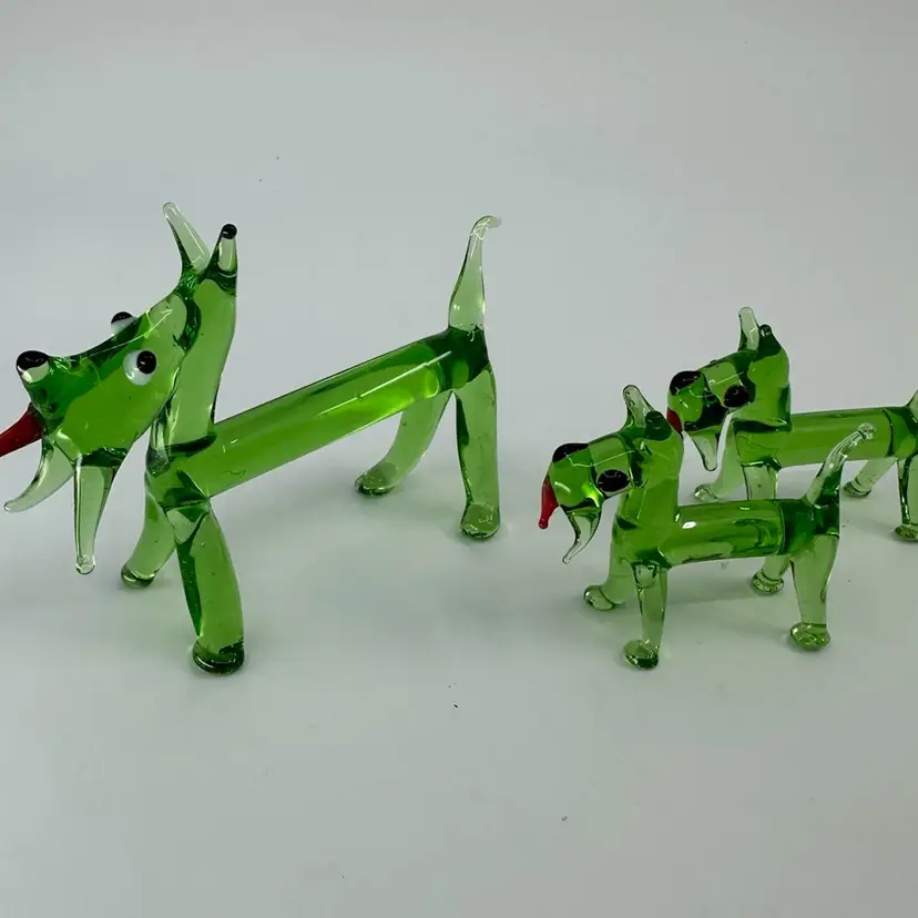 Green Hand Blown Art Glass Dog Figurines Set/3