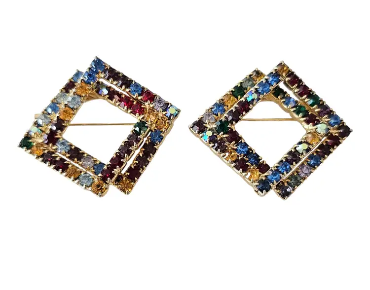 Pair Entwined Square Brooch Two Multi-Color Rhinestone Matching Pins
