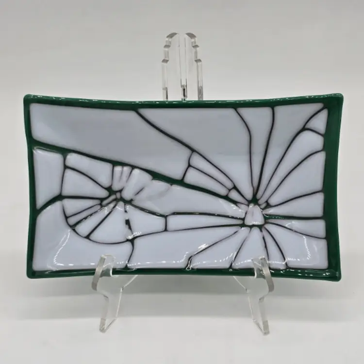 White and Green Fused Glass Rectangle Dish