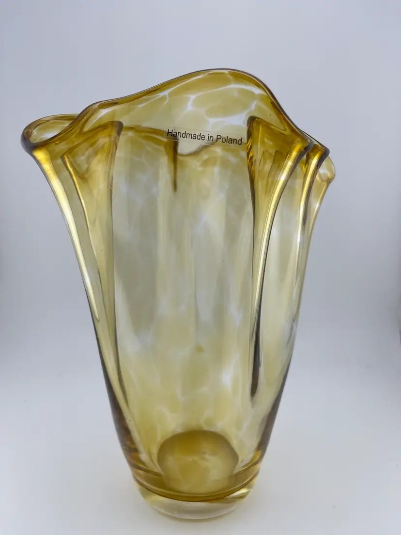 Mottled Amber Handkerchief Vase, Made In Poland.