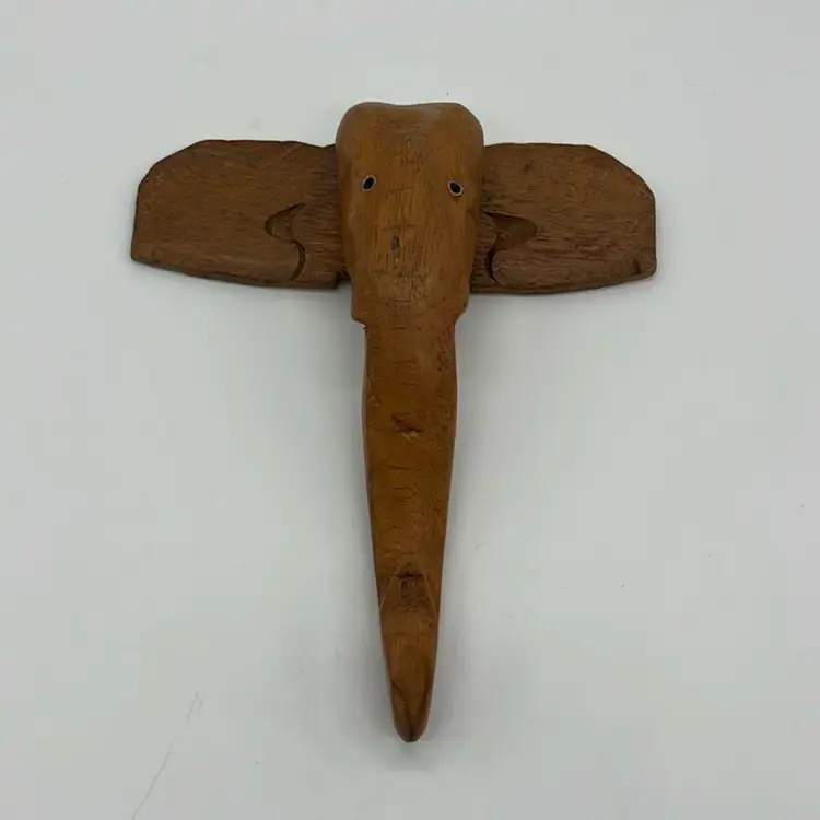 Wood Hand Carved Elephant Head Wall Hanger Trunk Hook | 6”