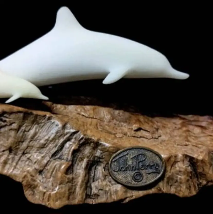 Vintage Signed John Perry Dolphin with Calf on Burl Wood Base with Original Info Card - 6.5 Inches Long x 3.25 Inches Tall