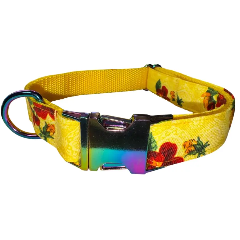 Dog Collar Yellow Flower Print Large Handmade Heavy Duty W/Buckle NEW