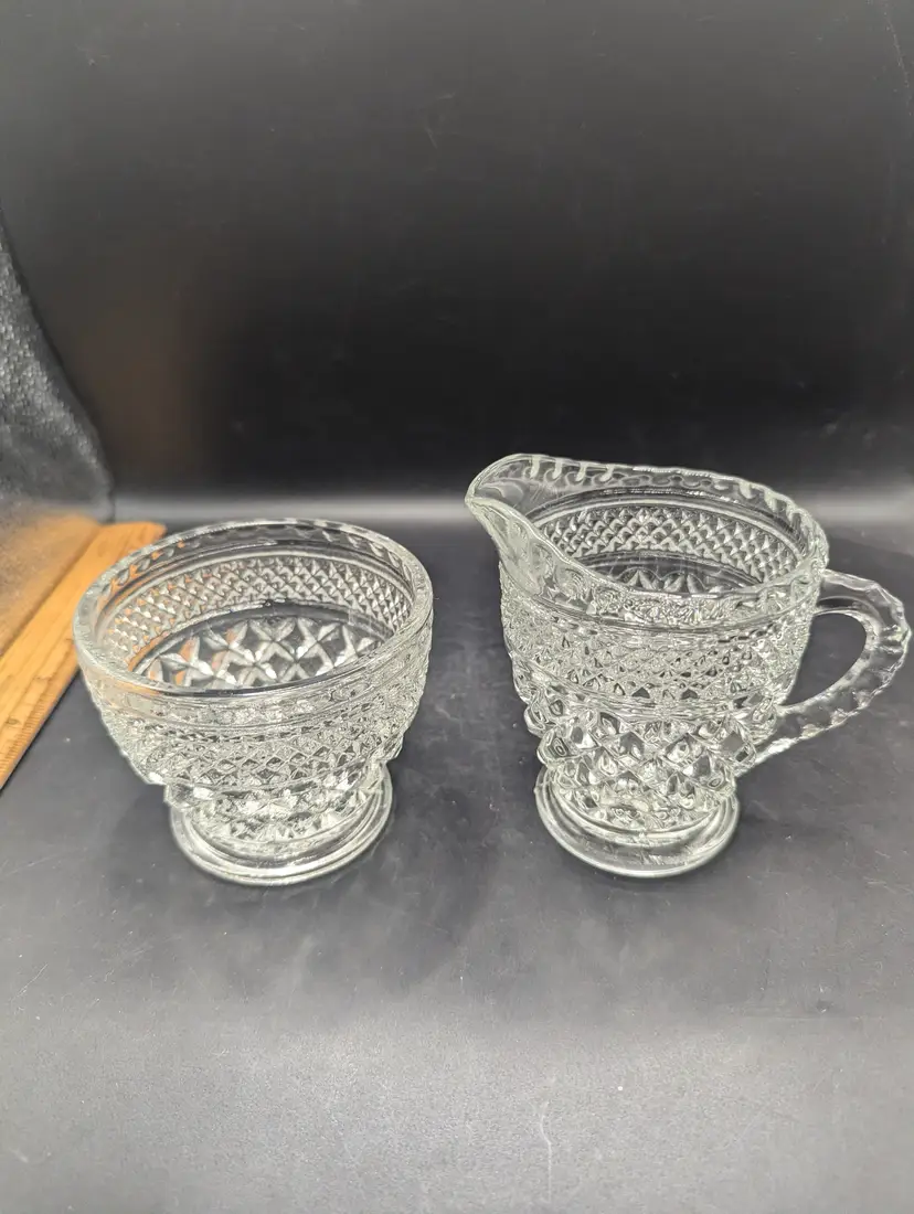 Vintage Anchor Hocking Wexford Pressed Glass Creamer and Sugar Bowl.