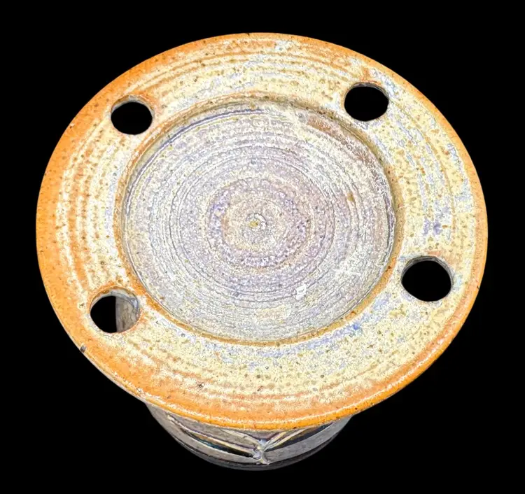 Studio Art Pottery Stoneware Toothbrush Cup Holder Floral Beige Blue 5.5”