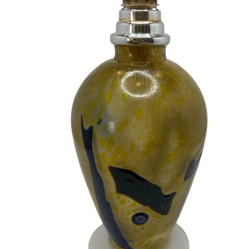 #01 Hand Blown 7 1/2” Yellow And Blue W 2 Millefiori Reversed And Embossed Painted Oil Torch With Wick