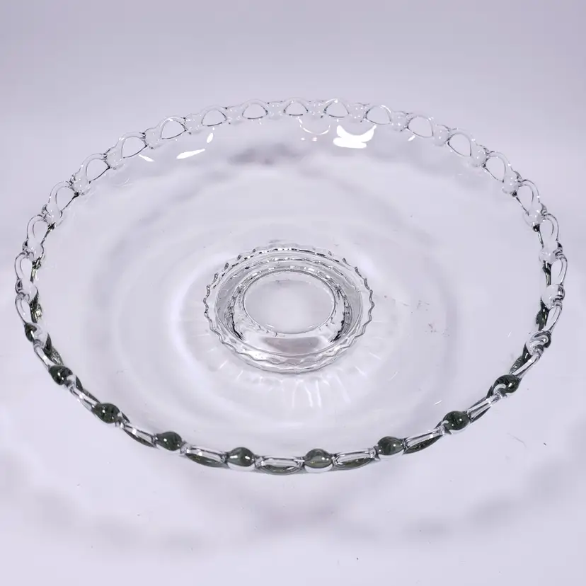 Vintage ORCHARD GLASS Richelieu Clear Elegant Open Lace Footed CONSOLE BOWL