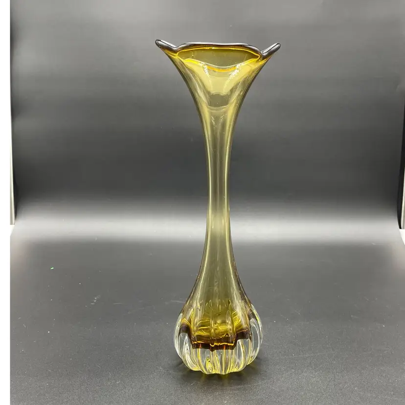 Trumpet Melon Base Brown Amber Art Glass Vase Home Decor MCM