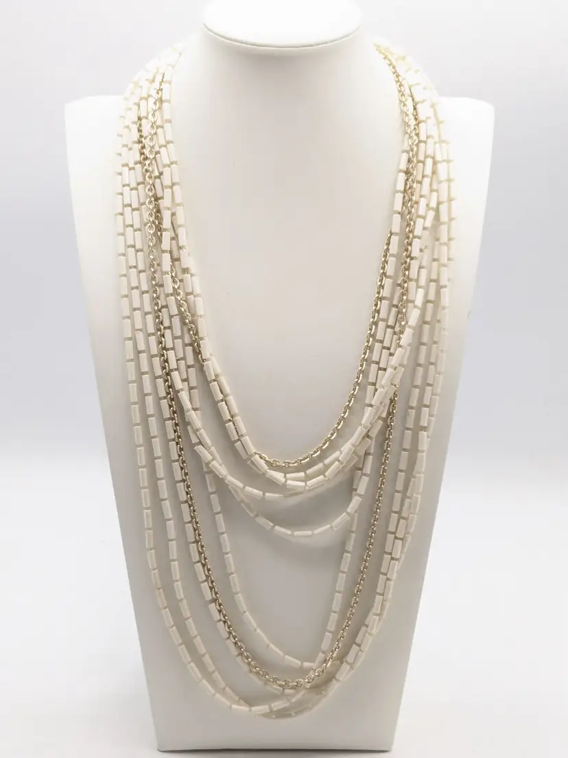 Vintage Gold Tone Multiple Strand White Beaded Necklace Summer Jewelry