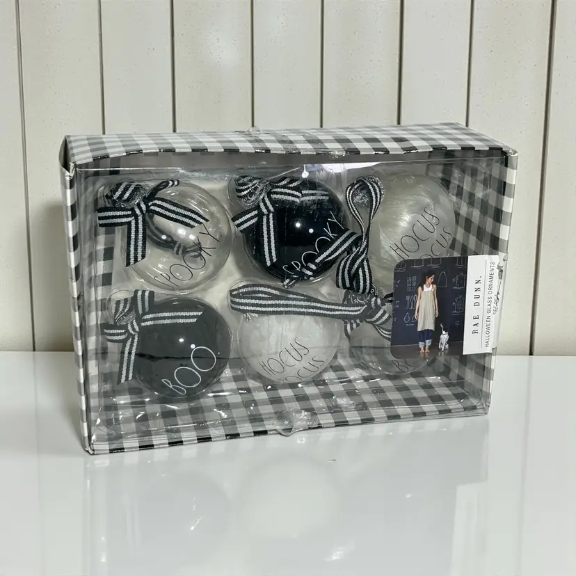 Rae Dunn 6 Halloween Glass Ball Ornaments Boo Hocus Pocus Spooky Black/White