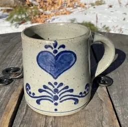 Vintage Stamped Great Bay Pottery Blue cobalt Heart & Scroll Mug Greenland NH