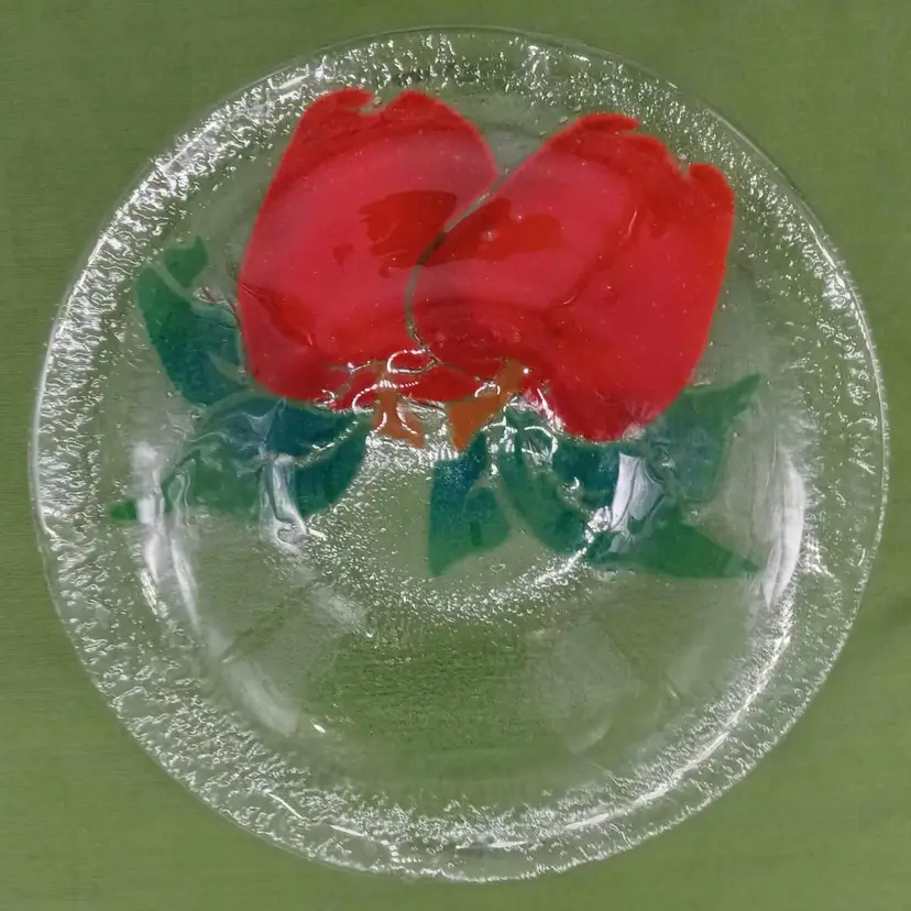 Peggy Karr fused glass bowl, apples, holder, dish, signed