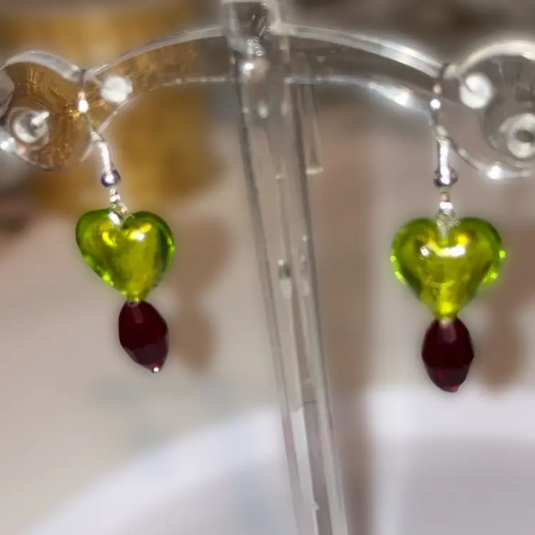 1 3/4” Drop Glass Heart Earrings! 925 Stamped  Fish Hooks.  Made By Me! Handmade!
