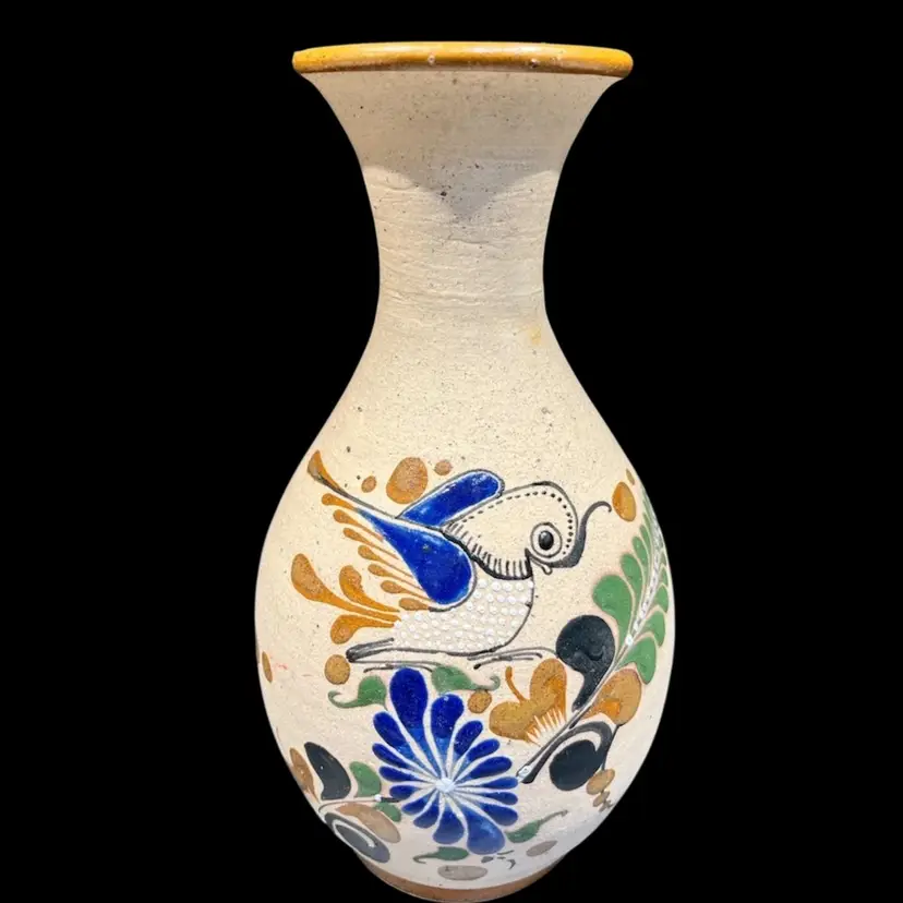 Tonalá Mexican Pottery - Large Vase – Hand-Painted-Bird & Floral -Folk Art – Signed “JS” – 9.5”x 5″