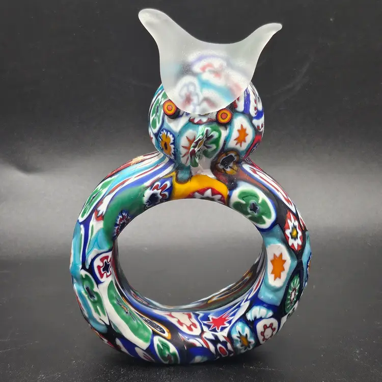 #5 HTF Vintage KB Italy Murano Venetian Art Glass Satin Millefiori Cut Cane Owl Napkin Ring RARE!