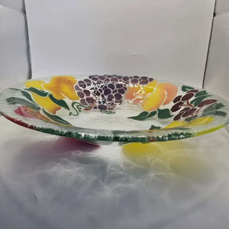 Peggy karr fused glass Serving Bowl 13" lemons apples cherry Signed