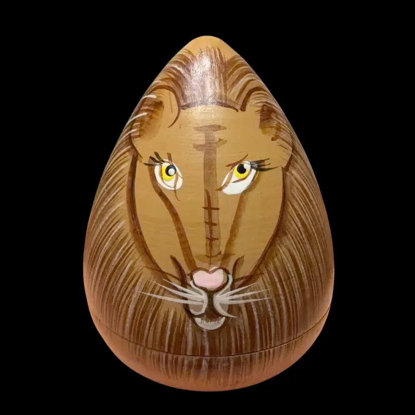 Lion, Nesting, Doll Wooden In The Shape Of An Egg Hand, Painted Set Of Three