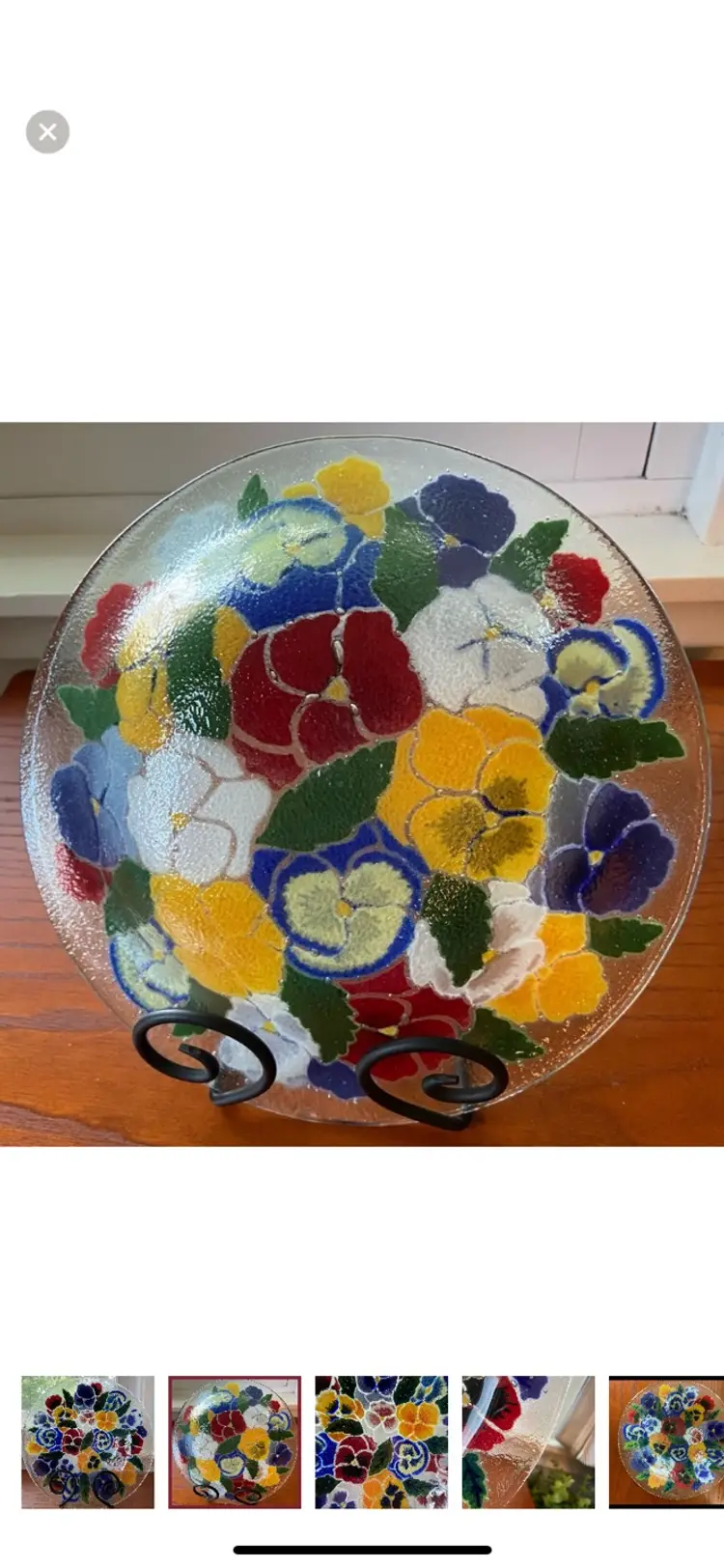 Peggy Karr Fused Studio Art Glass Pansy Bowl 10.5” Round~ Signed