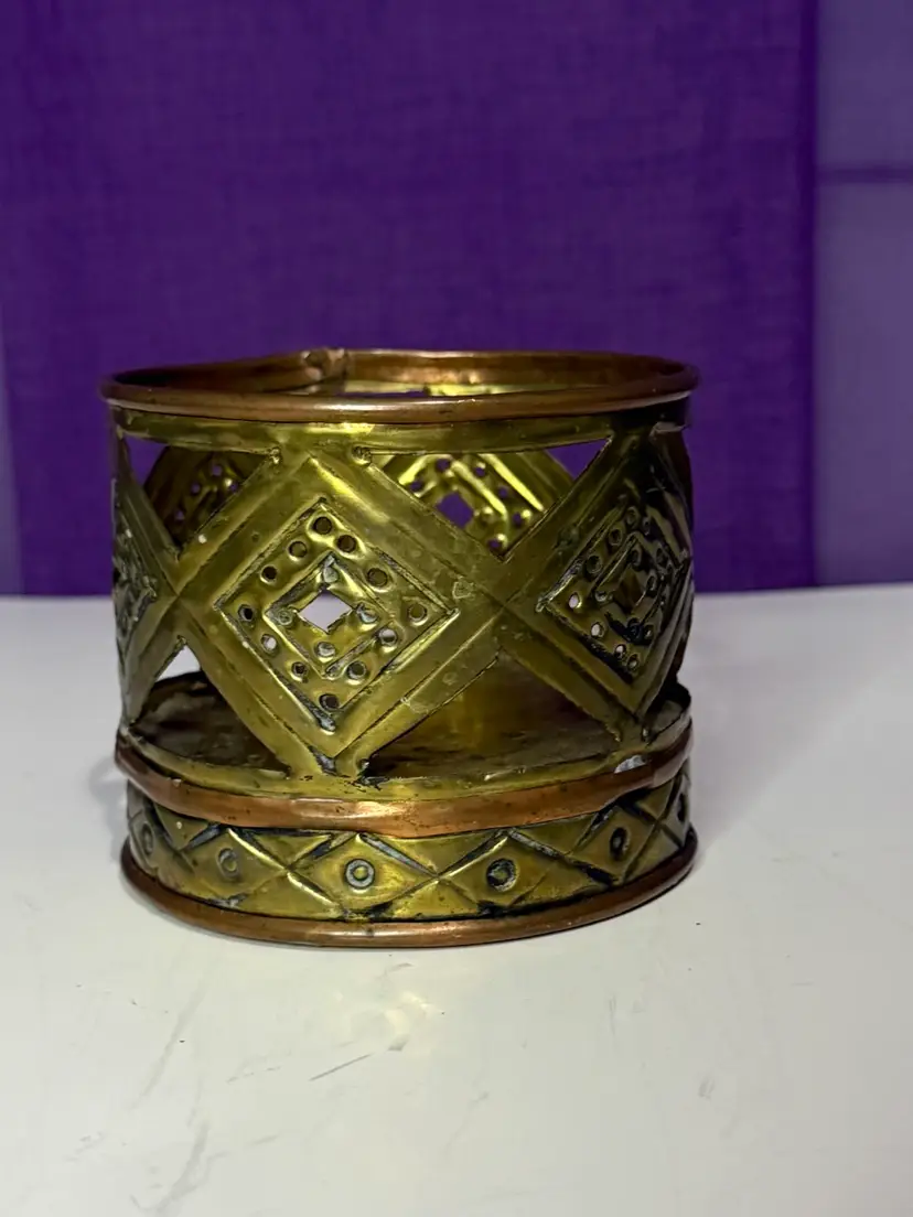 Vintage Brass & Copper Cutout Holder – Geometric Hand-Tooled – Candle/Planter Accent/Brutalist Style