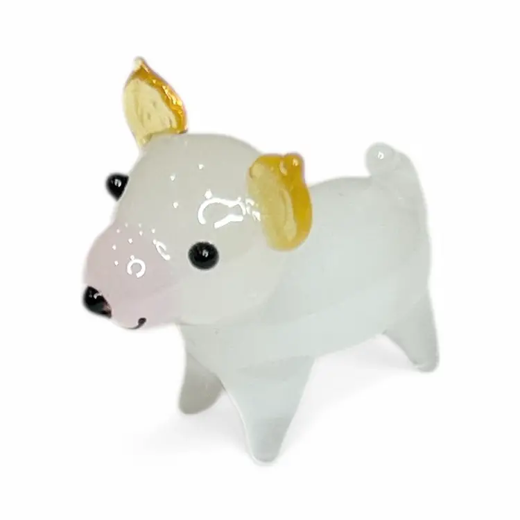 Mini Handblown White Dog With Pink Nose Art Glass Figurine And Christmas Stocking