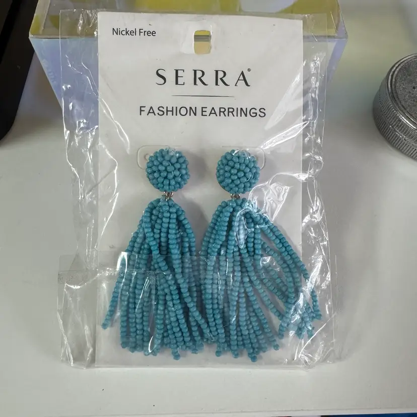 NEW! Post Back Pierced Beaded Hassle Blue Earrings About 2” Gold Tone Metal