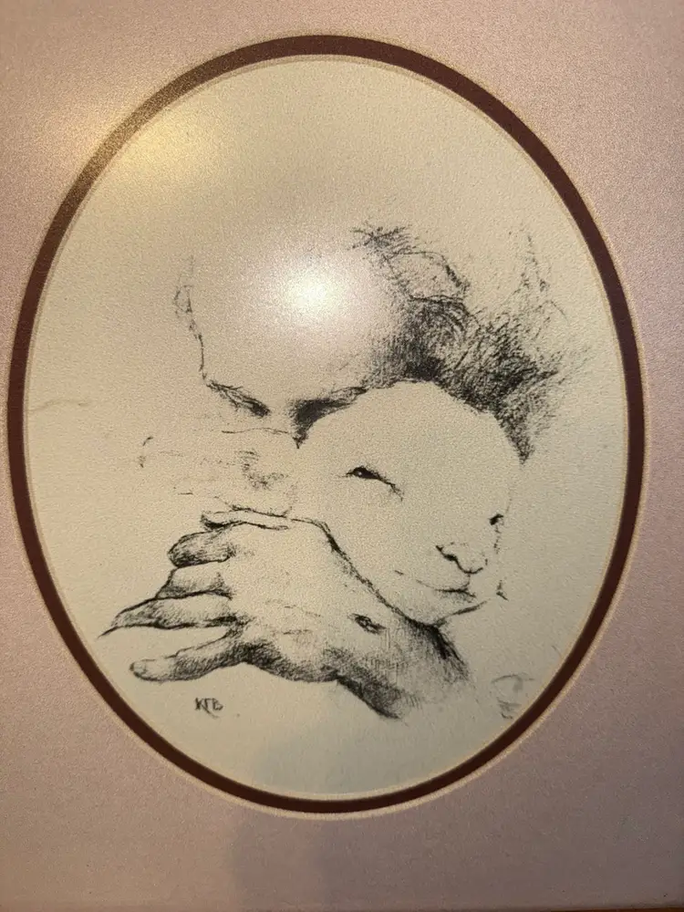 "Jesus And The Lamb" Framed Pencil Sketch Art Print Katherine F Brown 1982 Vtg