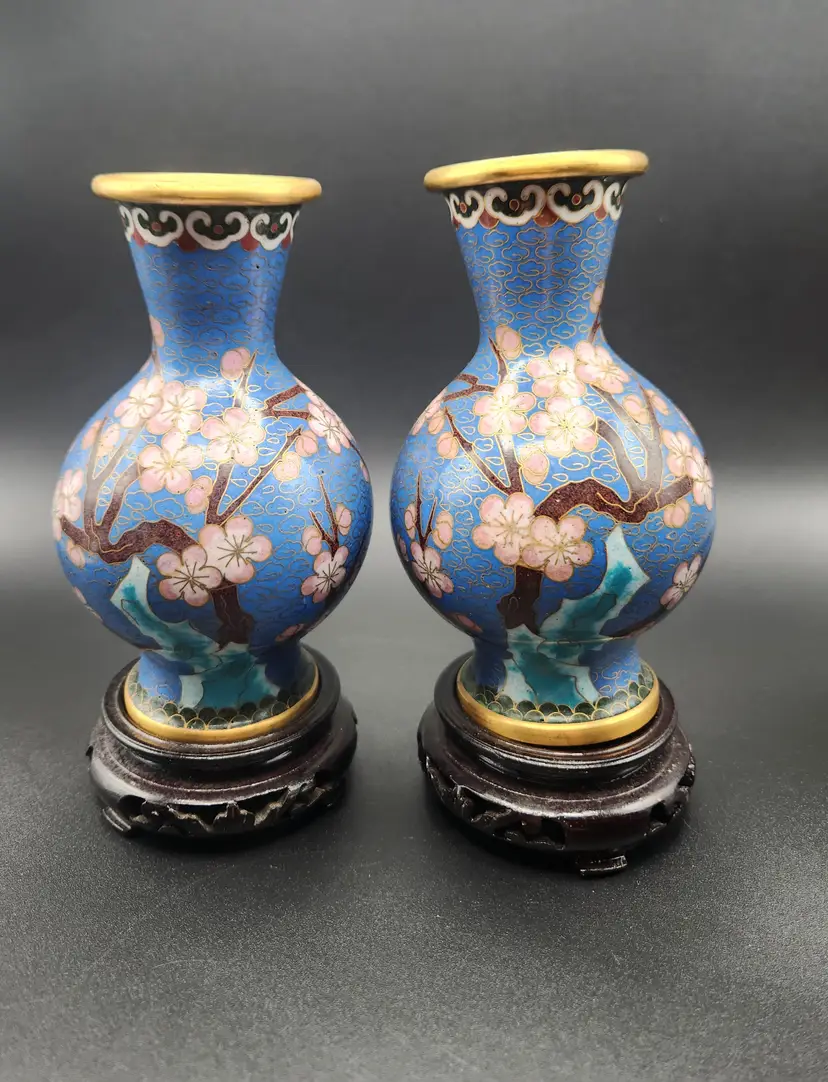 Pair of Floral Cloisonne Vases with Stands