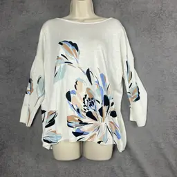 J. Jill Wearever Collection Sweater Large Linen Blend Floral Cream Blue Beige NWT