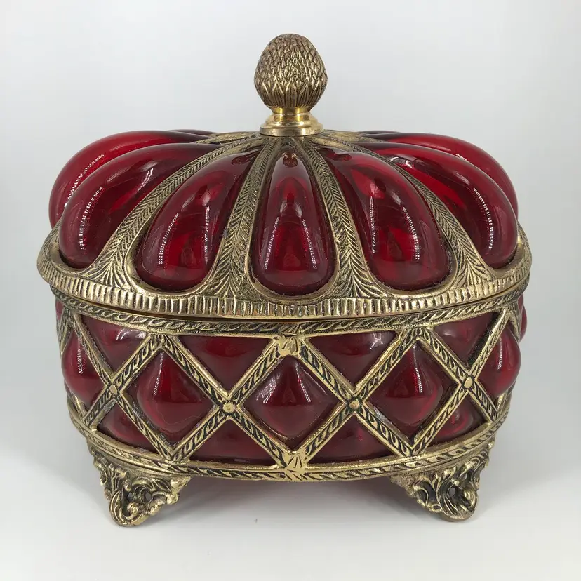 Vintage Large Caged Ruby Red Bubble Glass Apothecary Lidded Box