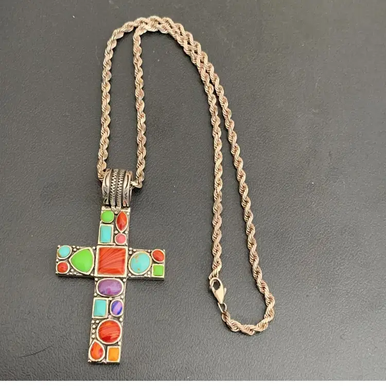 Sterling Cross Turquoise Lapis Coral Spiny Orange Pendant Necklace