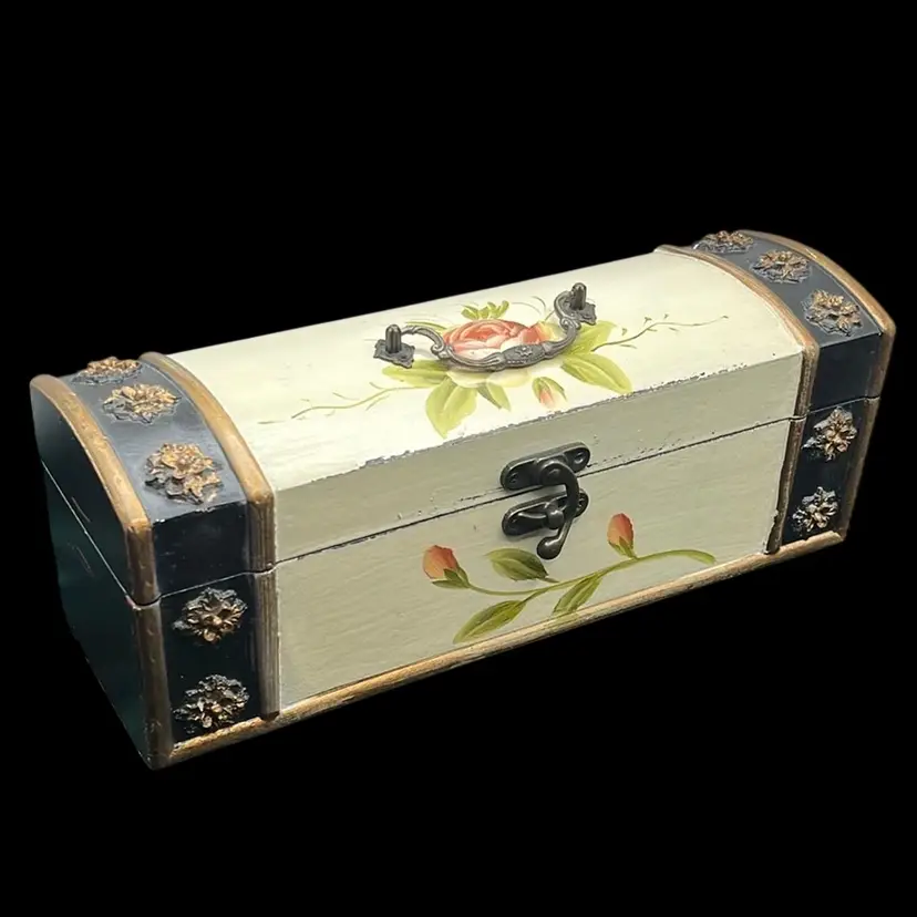 13”x 5”x 4” vintage, hand-painted, camel-back wooden treasure chest box with floral motifs