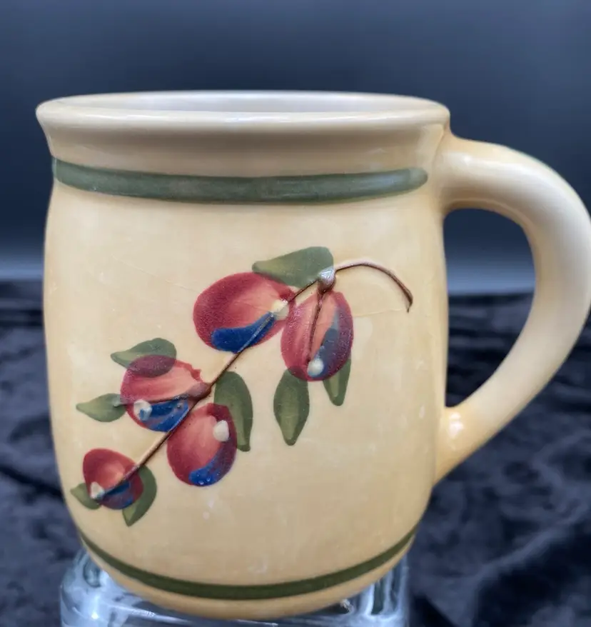 Vintage Artisan Hand-Painted Studio Pottery Mug, Embossed Berries
