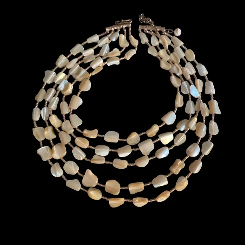 Multi-strand RJ Graziano mother of pearl chip necklace With Hook Closure. 15” With 3.75” Extender