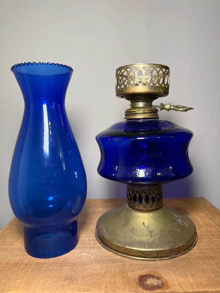 Cobalt Blue Glass Kerosene Oil Lamp with Brass Base