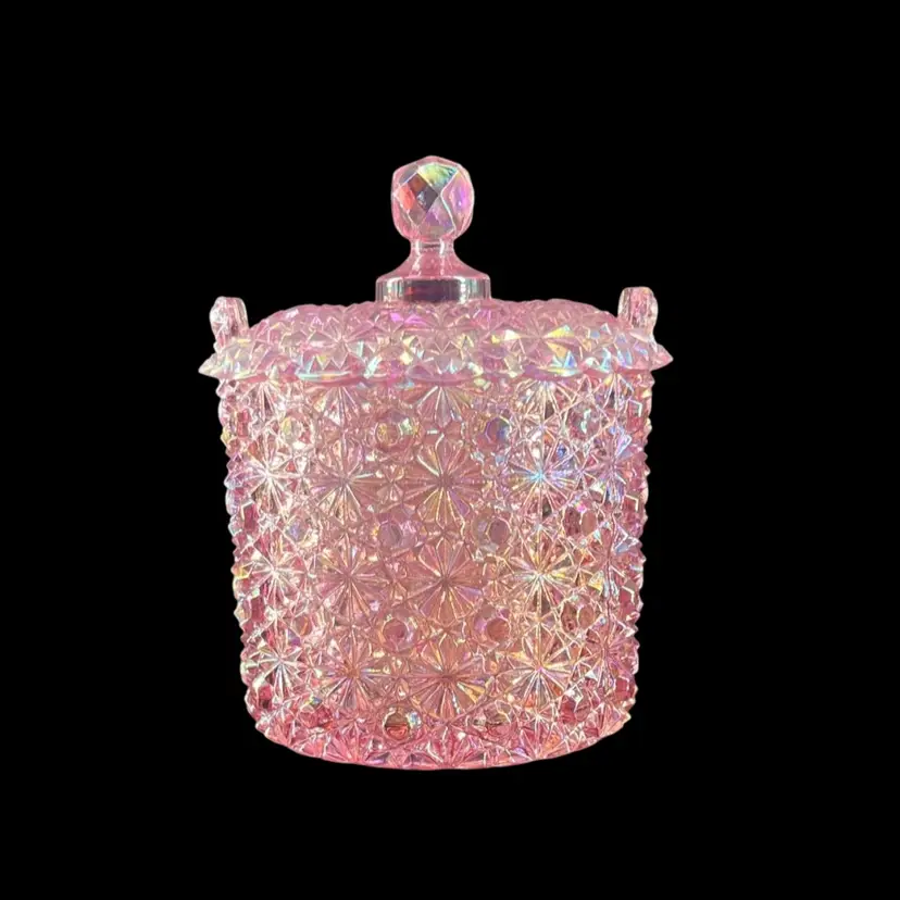 Vintage Fenton Lidded Candy Dish "Daisy and Button" Pressed Glass Pattern Faceted Knob Iridescent Pink Ice Bucket Biscuit Jar Container Springtime Easter Mothers Day Decor Fenton Logo Pattern: Daisy and Button.Color/Finish: Pink Pearl (iridescent).Item Type: Candy Jar, Ice Bucket, or Biscuit Jar.