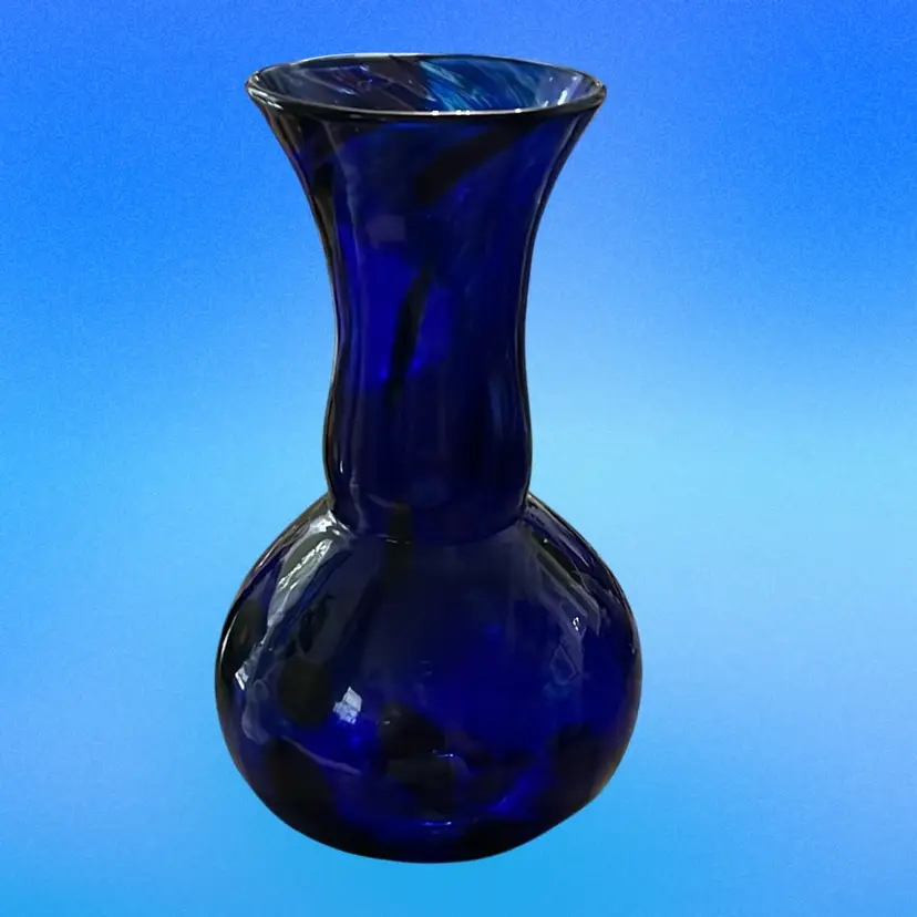 Blue Cobalt With Amethyst Swirl Art Glass Vase, Signed, 8”