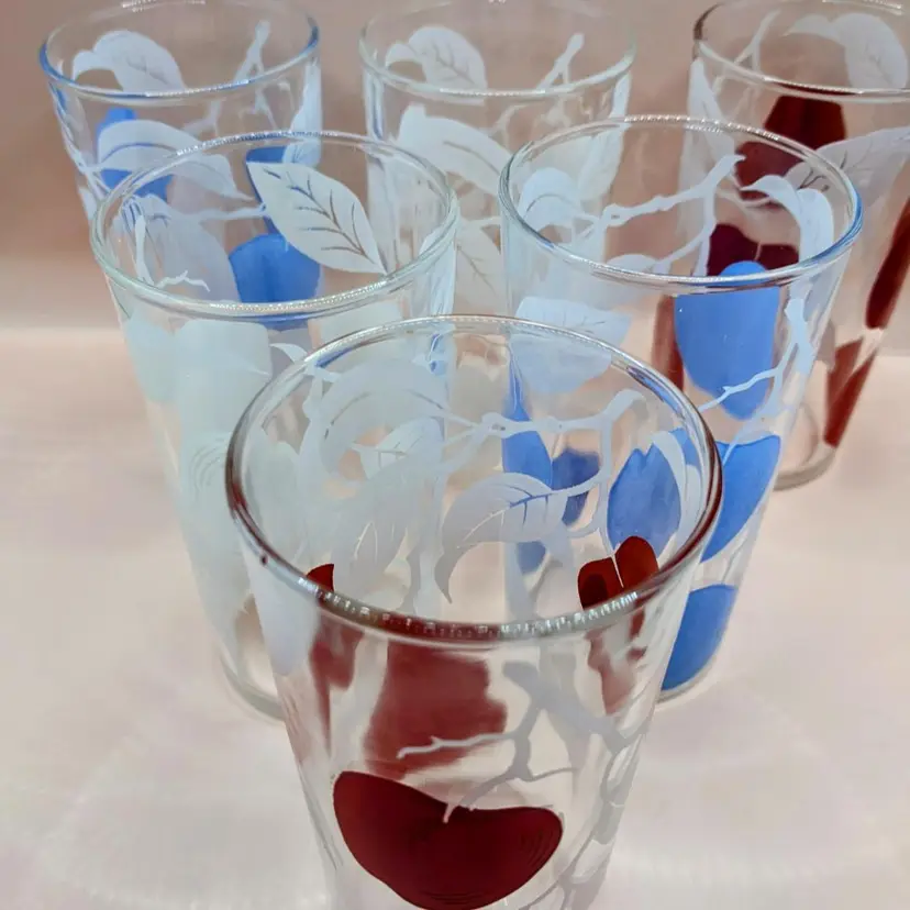 Vintage Clear Glass with Fruit Pattern - Red, Blue & White - Set Of Six