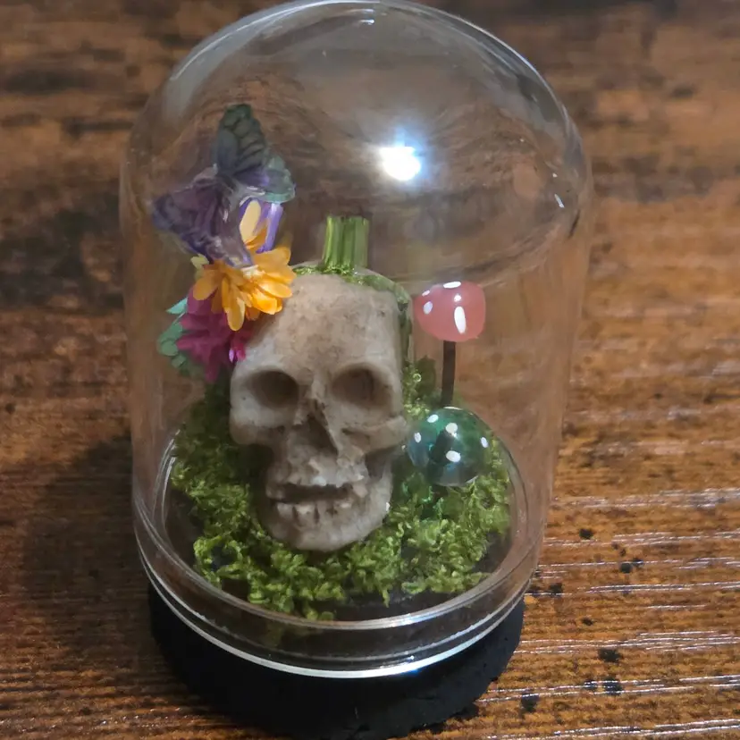 Skull With Flowers and Butterfly Mini Miniature Cloche