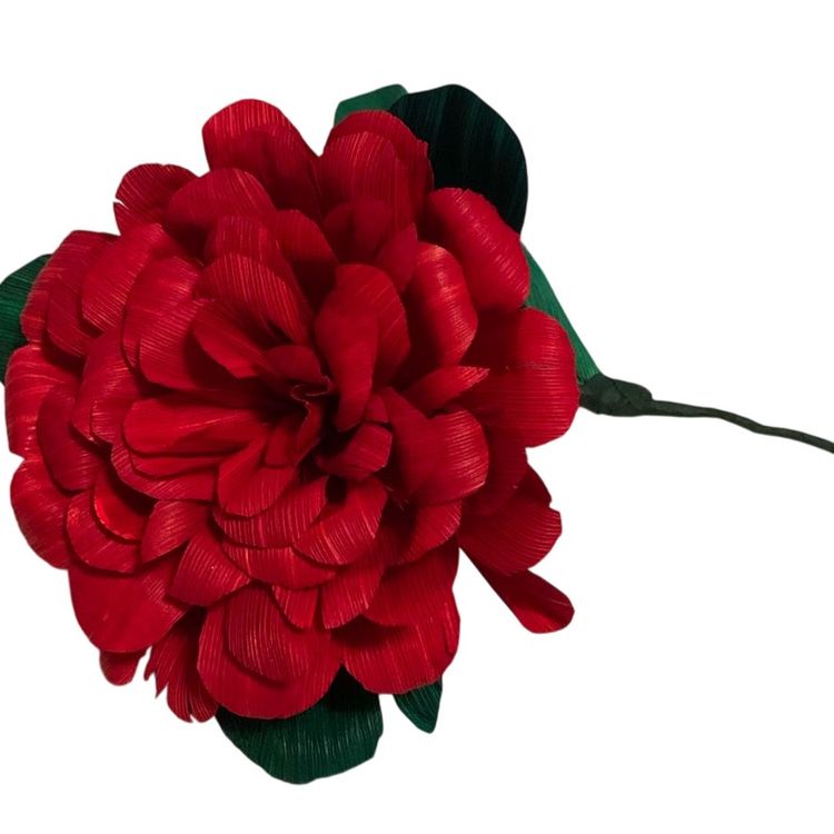 # 034. Handcrafted Red Corn Husk  Rose🌻 Flowers 5” Blossom Approximately 10” Long