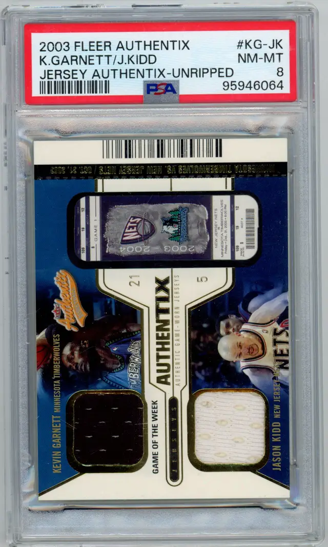 2003 Fleer Authentix KEVIN GARNETT JASON KIDD /50 Game Worn Dual Relic SP #KG-JK PSA 8 NM-MT