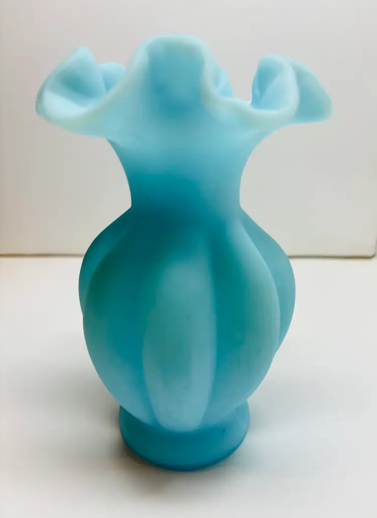 VTG Fenton Satin Blue Melon Vase W/Ruffle
