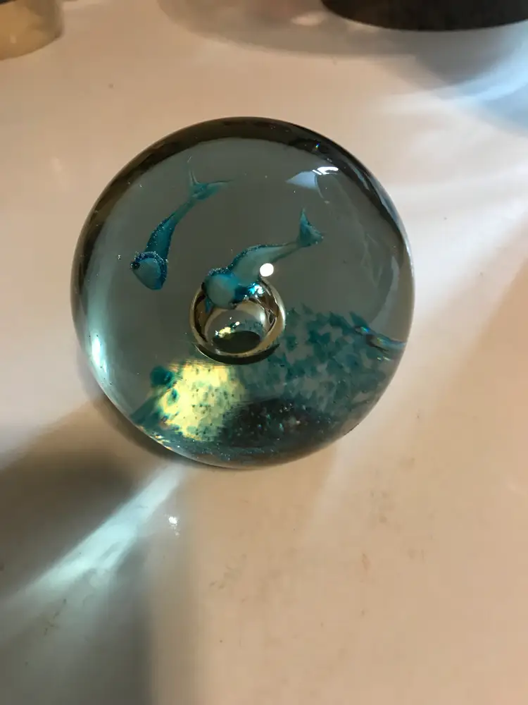 Vintage Blown Art Glass Paperweight 2 Blue Whales Ocean Sea Bubbles Glass Ball